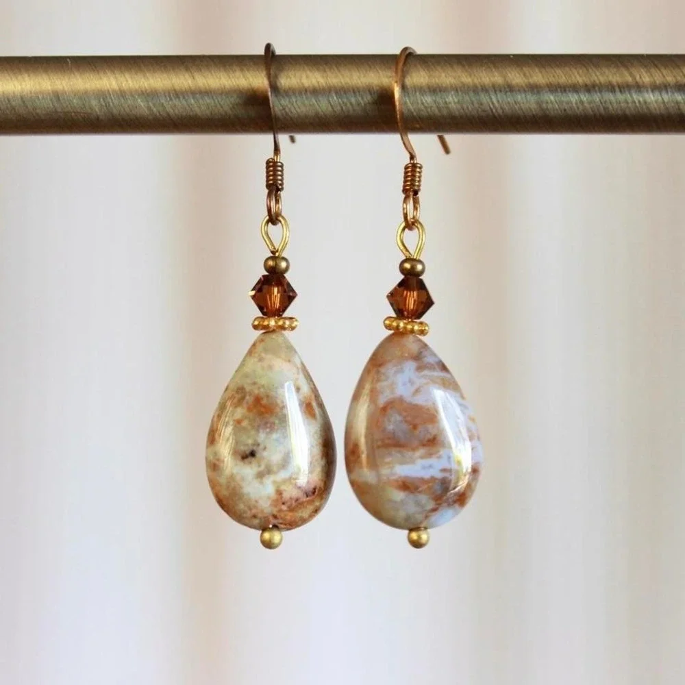 Handmade Desert Jasper Teardrop Stone Dangle Earrings Earthy Boho Bohemian